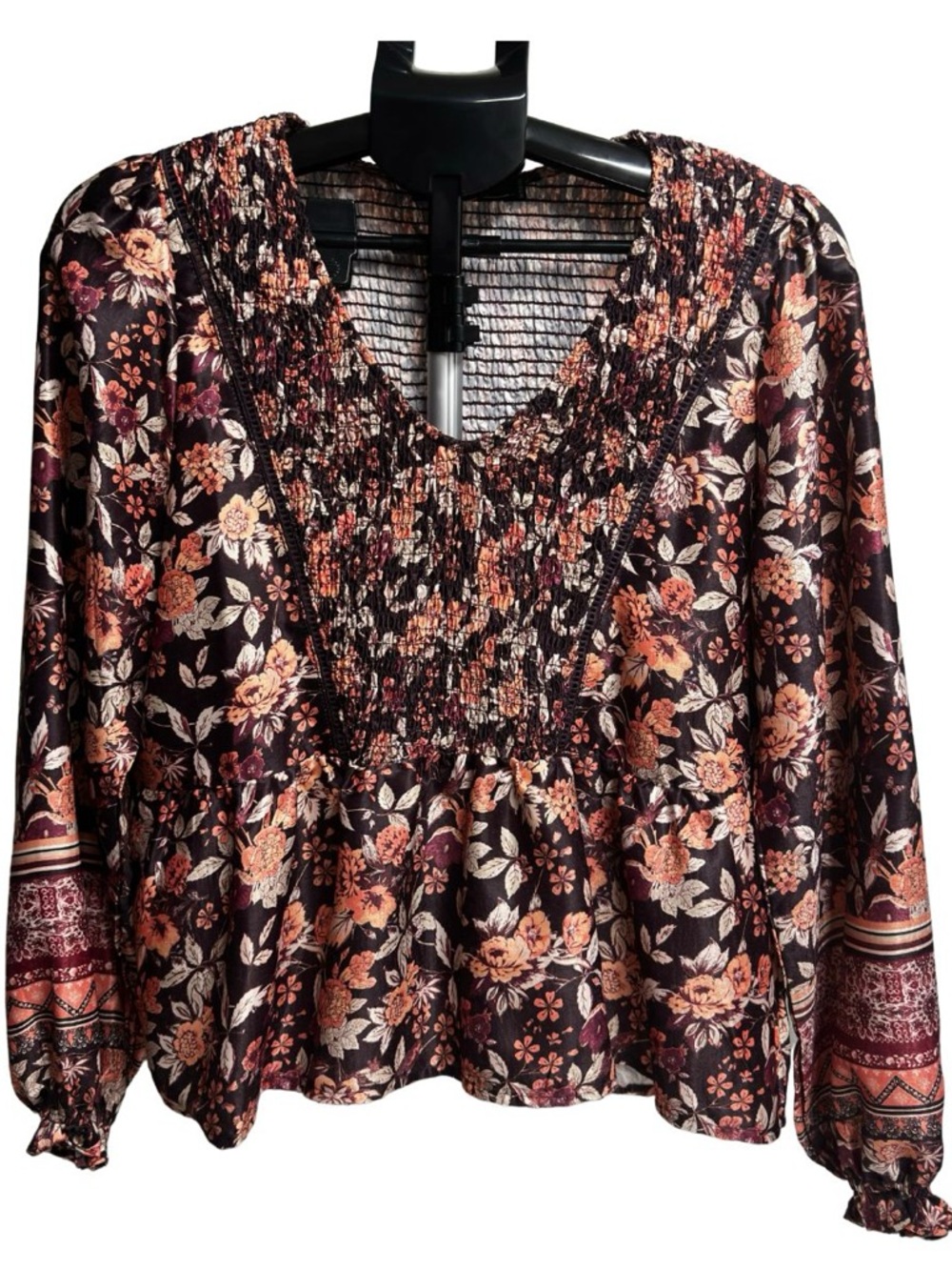 Crimson Floral Smocked V-Neck Peasant Top - Peach Floral